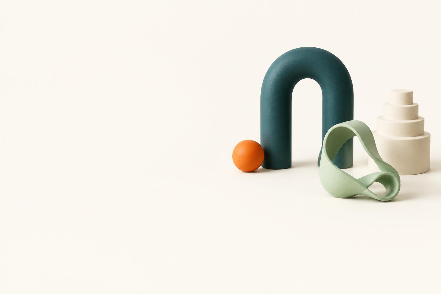 Playful teal, mint, and orange mathematical sculptures